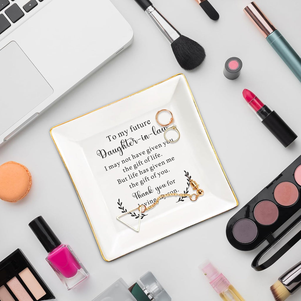 To My Future Daughter in Law Gifts, Daughter in Law Ceramic Ring Dish, Daughter in law Wedding Present from Mother In Law, Bonus Daughters Jewelry Holder for Birthday, Wedding, & Special Occasion