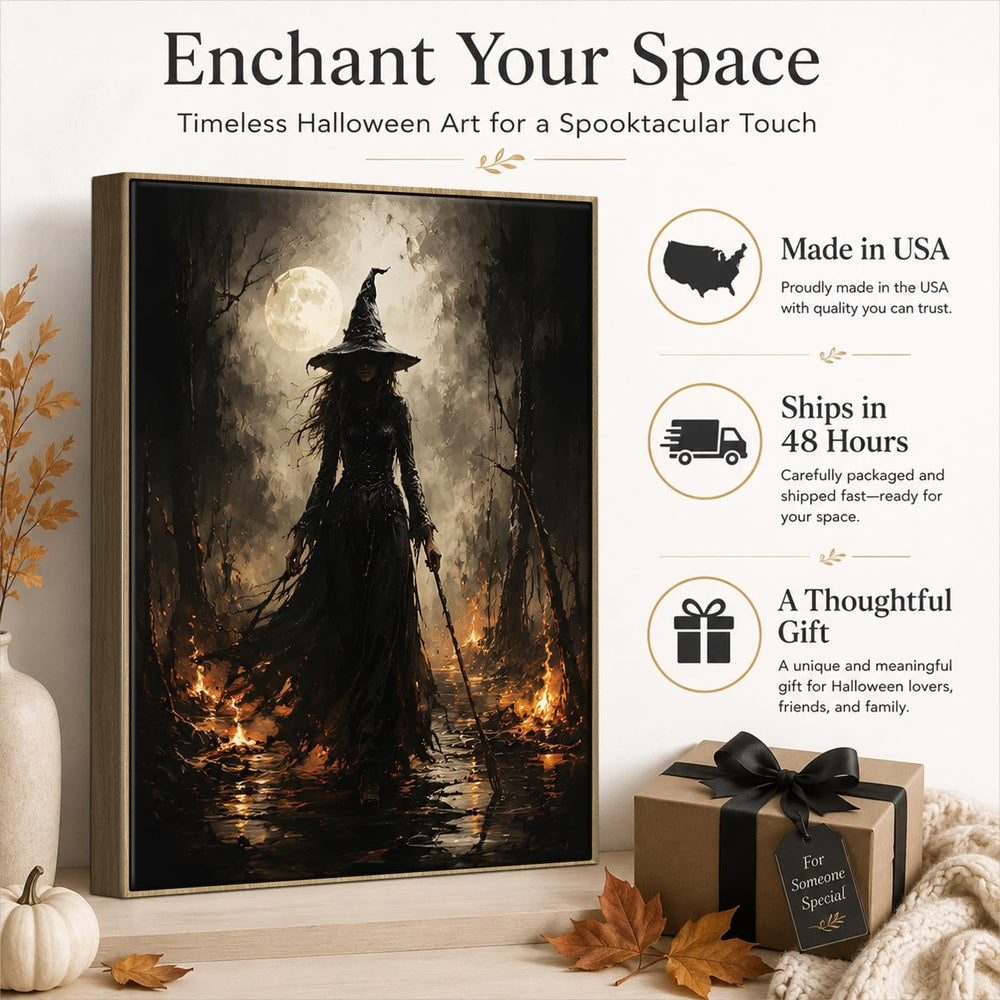 Halloween Framed Wall Art, Dark Witch in Moonlit Forest Halloween Pictures