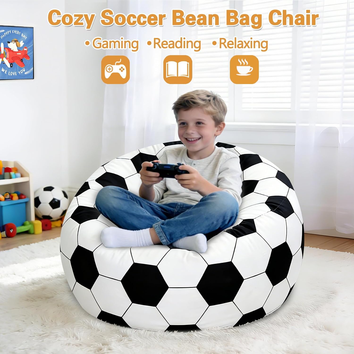 Jorbest Soccer Bean Bag Chair for Kids and Teens, Memory Foam Bean Bag Chairs with Washable Velvet Cover, Soccer Bean Bag Sofa for Lounging, Gaming, Reading, Sports Room Decor, X-Large 30" W x 18" H