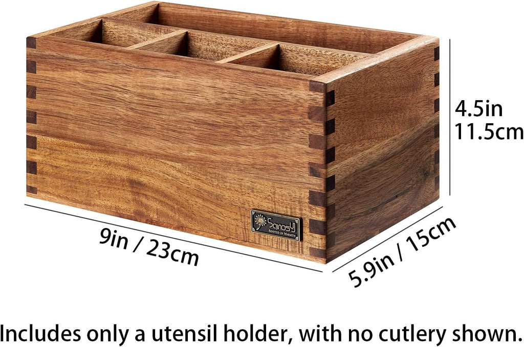 Acacia Wood Utensil Holder, Paper Plate Dispenser Organizer for Countertop - 4 Compartment Silverware Caddy for Friendsgiving Party - Cutlery Holder for Cup, Fork, Spoon, Kitchen, Camping