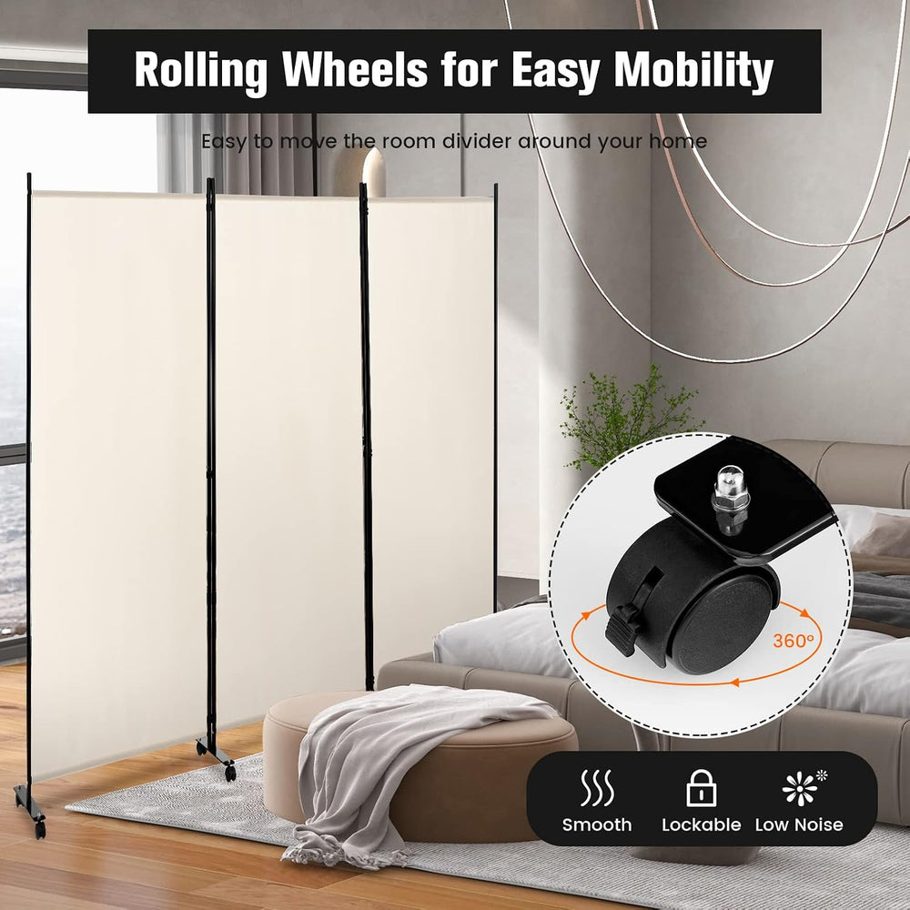 3 Panels Folding Privacy Screen, 6FT White Rolling Room Divider