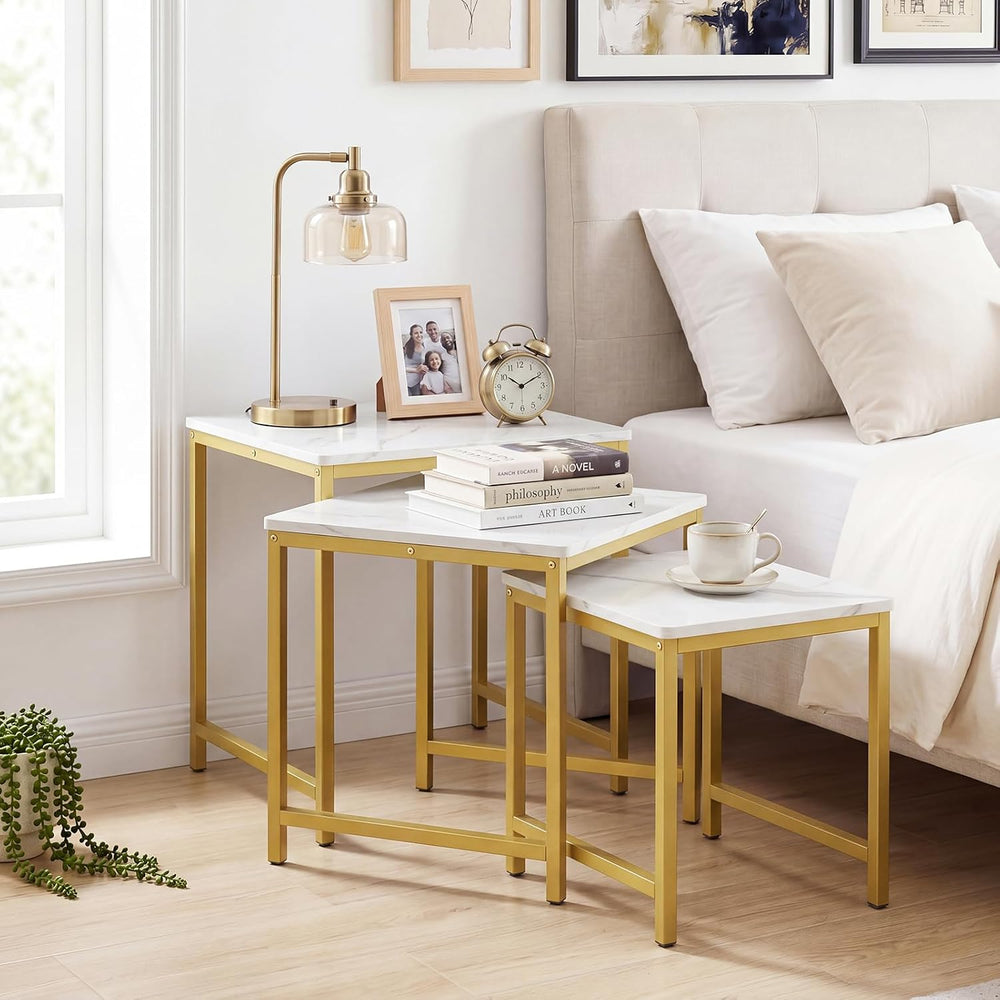 Giantex Nesting Coffee Table Set of 3, Small Center Tables, White | Faux Marb...