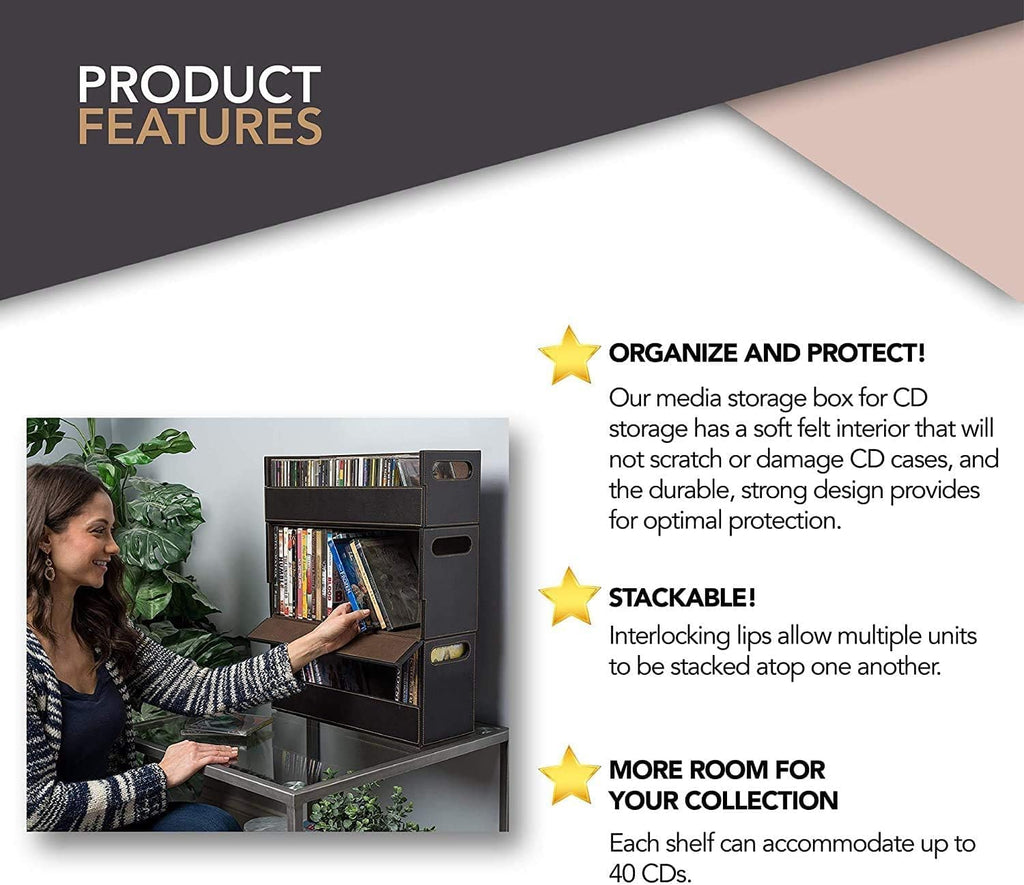 Stock Your Home 2- Pack CD Storage Box, Organizer Shelf for Movie Cases, DVDs, Cassette Tape Display Stand, Disc Holder Can Store Up to 40 CDs, Faux Leather (Brown)
