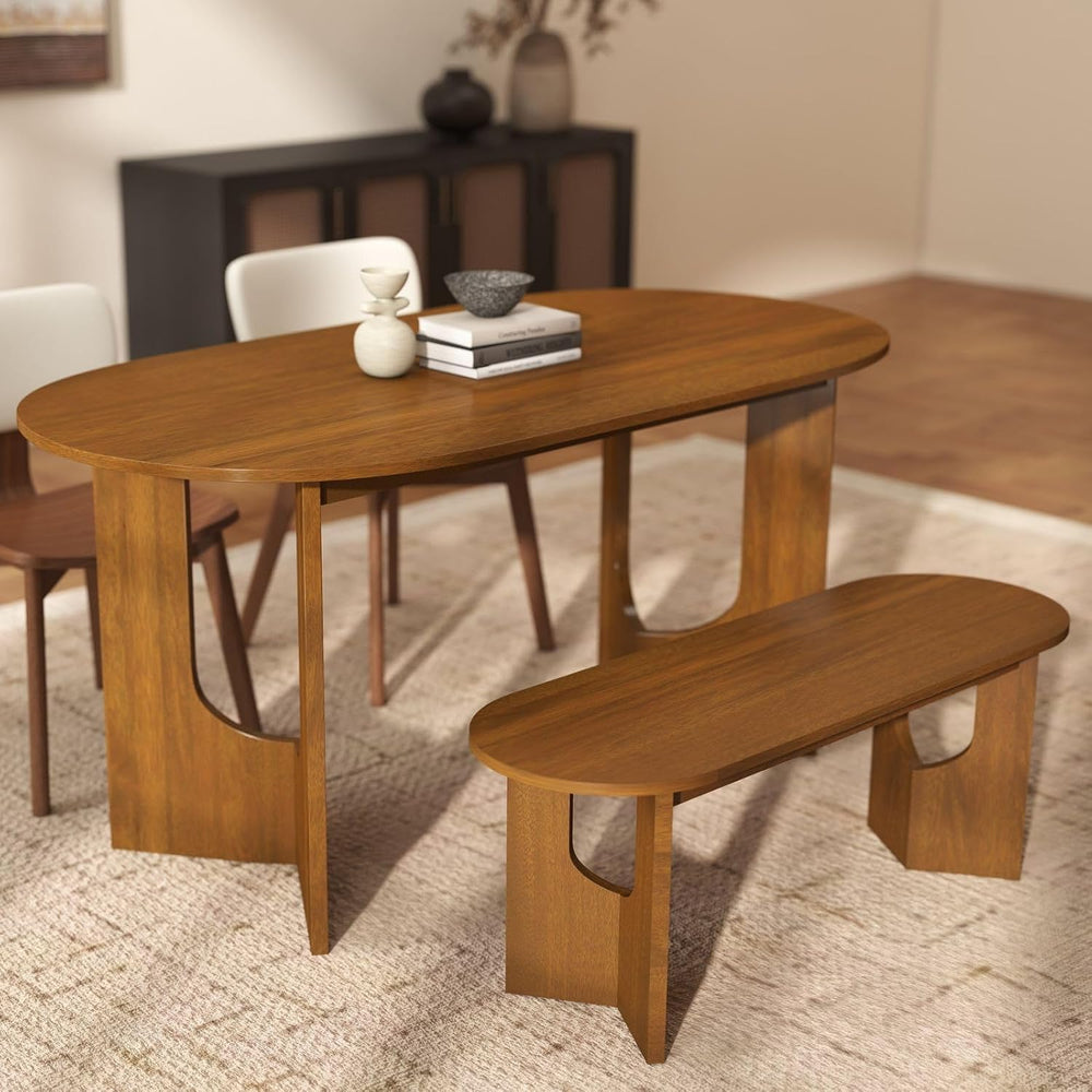 VESCASA 47.25" L Walnut Wood Oval Bench, Solid Wood Dining Bench with Wo...