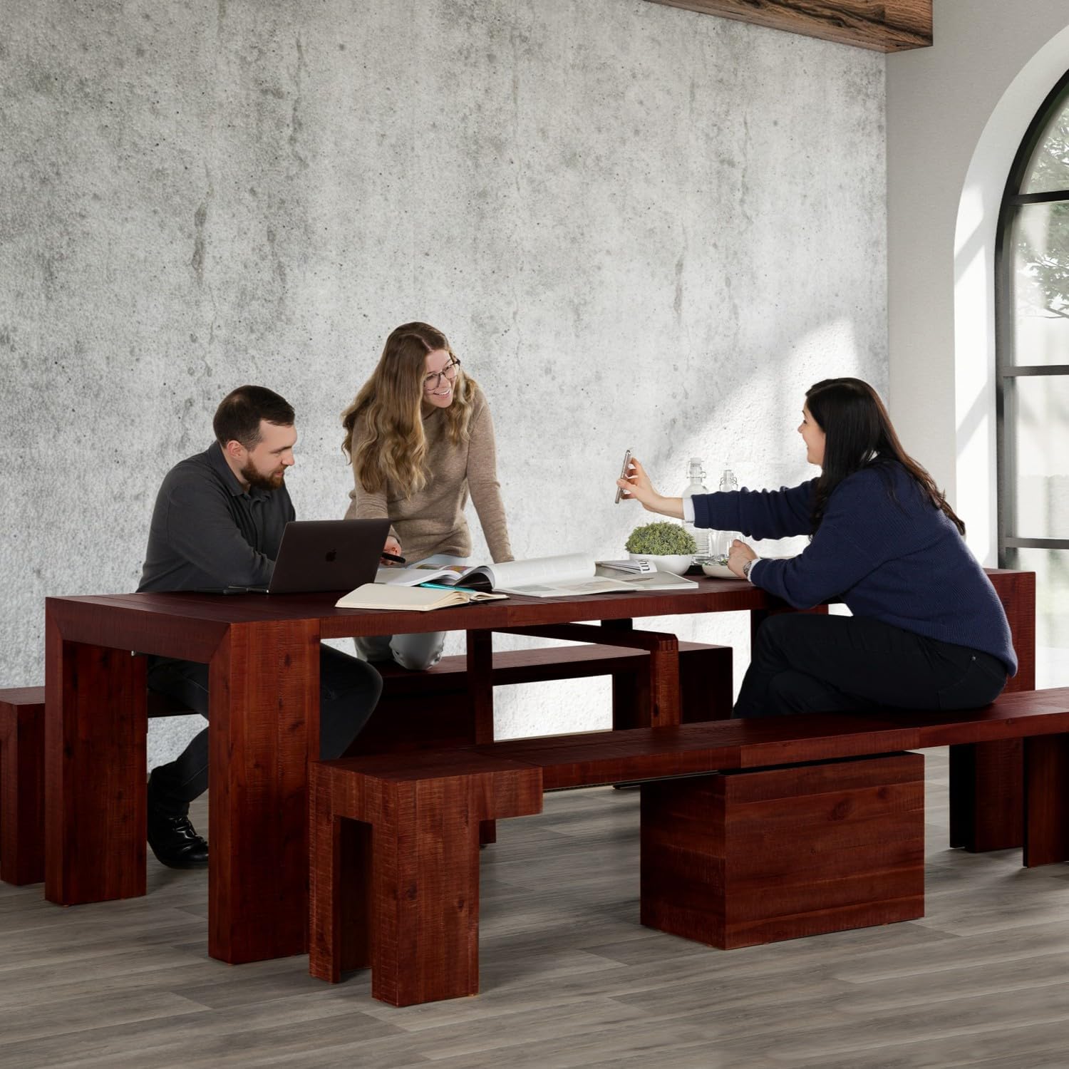 Transformer Table Solid Wood Extendable Dining Table, Red Oak | Seats 2-12, Expandable Dining Room Table, Space-Saving Furniture, Kitchen and Dining Room Furniture, Table + Bench