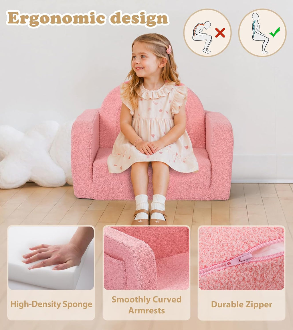 Foryoomi Kids Couch, 2-in-1 Soft Toddler Couch Fold Out with Blanket, Comfy Toddler Chair, Convertible Sofa, Gifts for Kids Girl Boys, Medium Pink Rainbow
