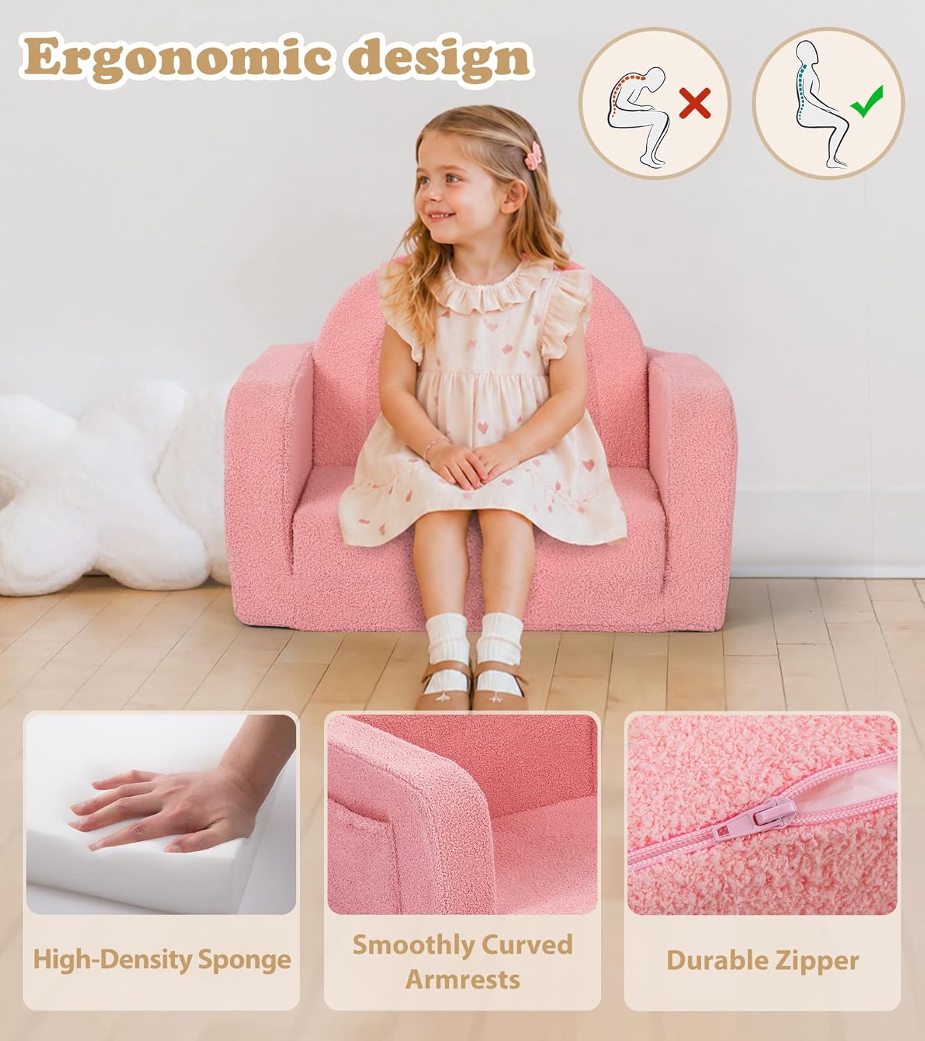 Foryoomi Kids Couch, 2-in-1 Soft Toddler Couch Fold Out with Blanket, Comfy Toddler Chair, Convertible Sofa, Gifts for Kids Girl Boys, Medium Pink Rainbow