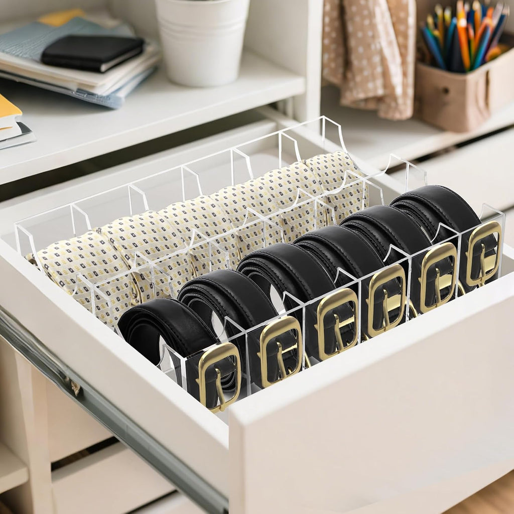 ZENFUN 12 Compartments Belts Storage Box, Acrylic Belt Organizer, Belt Container Storage Holder Clear Belts Display Case for Watch, Hair Accessories, Jewelry, Closet and Drawer