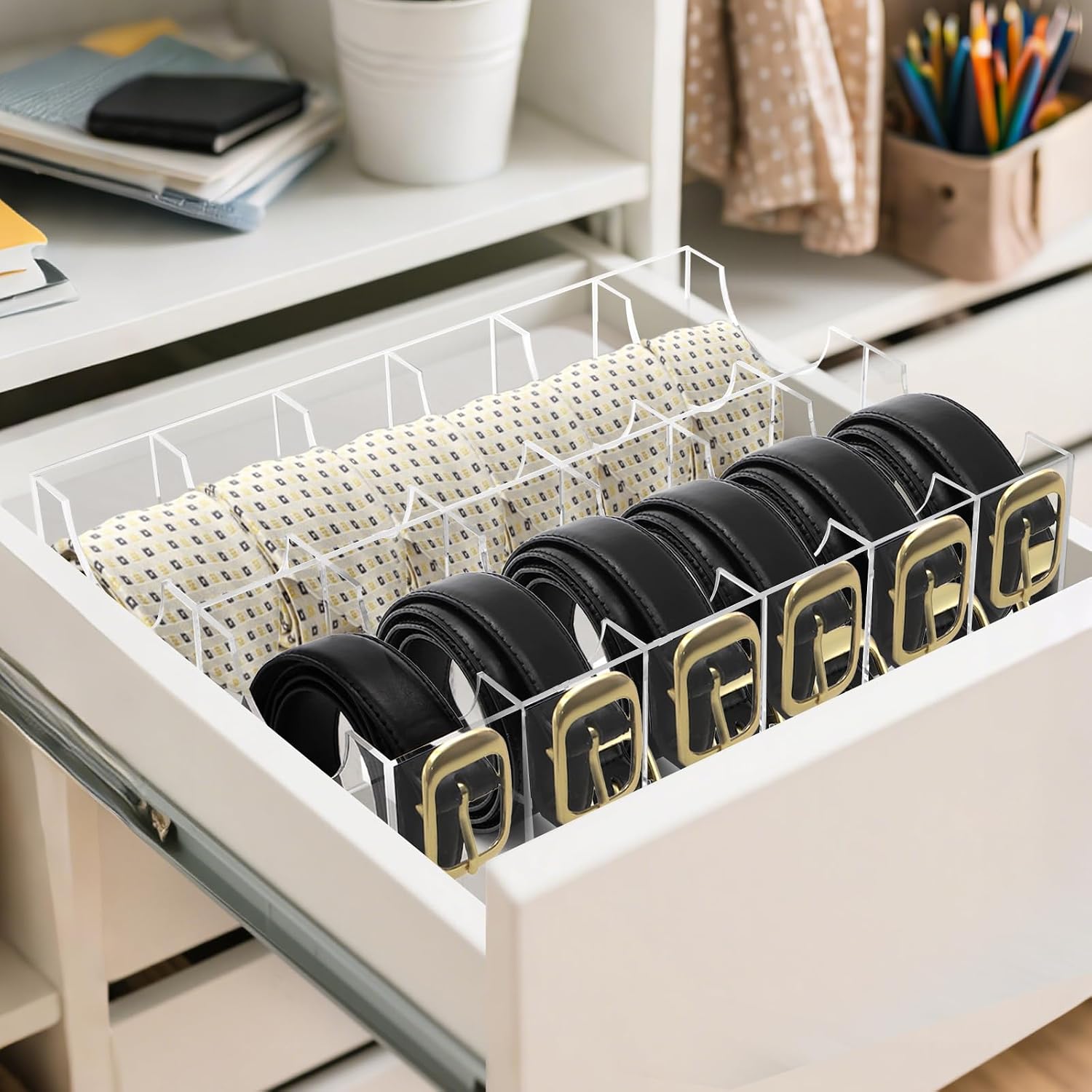 ZENFUN 12 Compartments Belts Storage Box, Acrylic Belt Organizer, Belt Container Storage Holder Clear Belts Display Case for Watch, Hair Accessories, Jewelry, Closet and Drawer