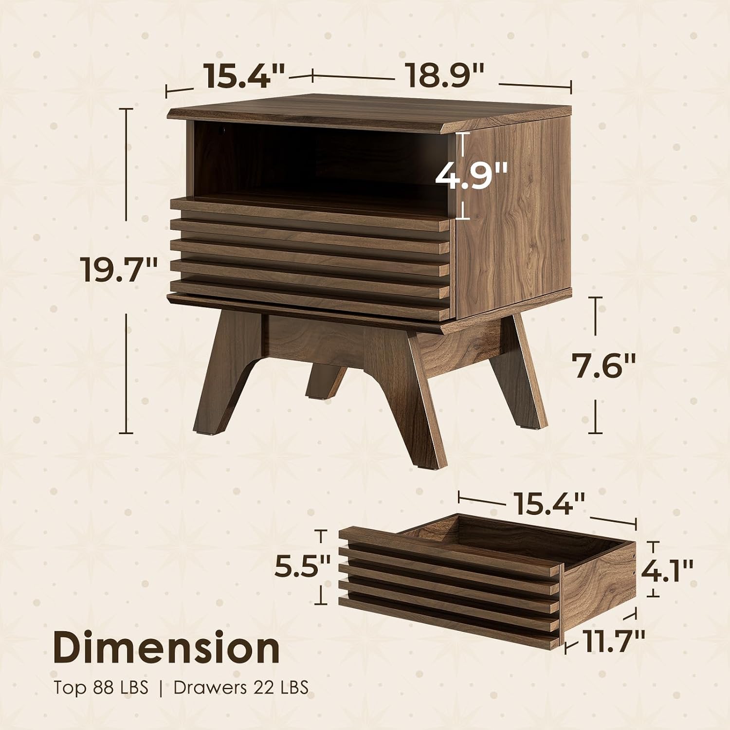 AODK 19 Inch Wide Fluted Nightstand Set of 2 with Drawer, Dark Walnut | Open Storage Shelf, Smooth Metal Slides, 4 Stable Legs, Mid Century Modern Style for Bedroom and Living Room