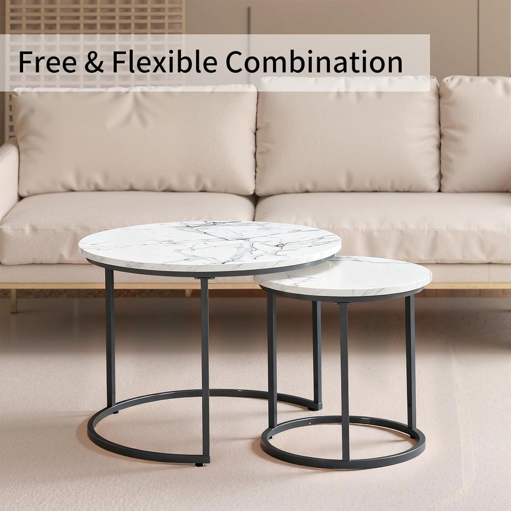 Round Nesting Coffee Table Set of 2, Modern Marble Pattern Wooden Nesting Tab...