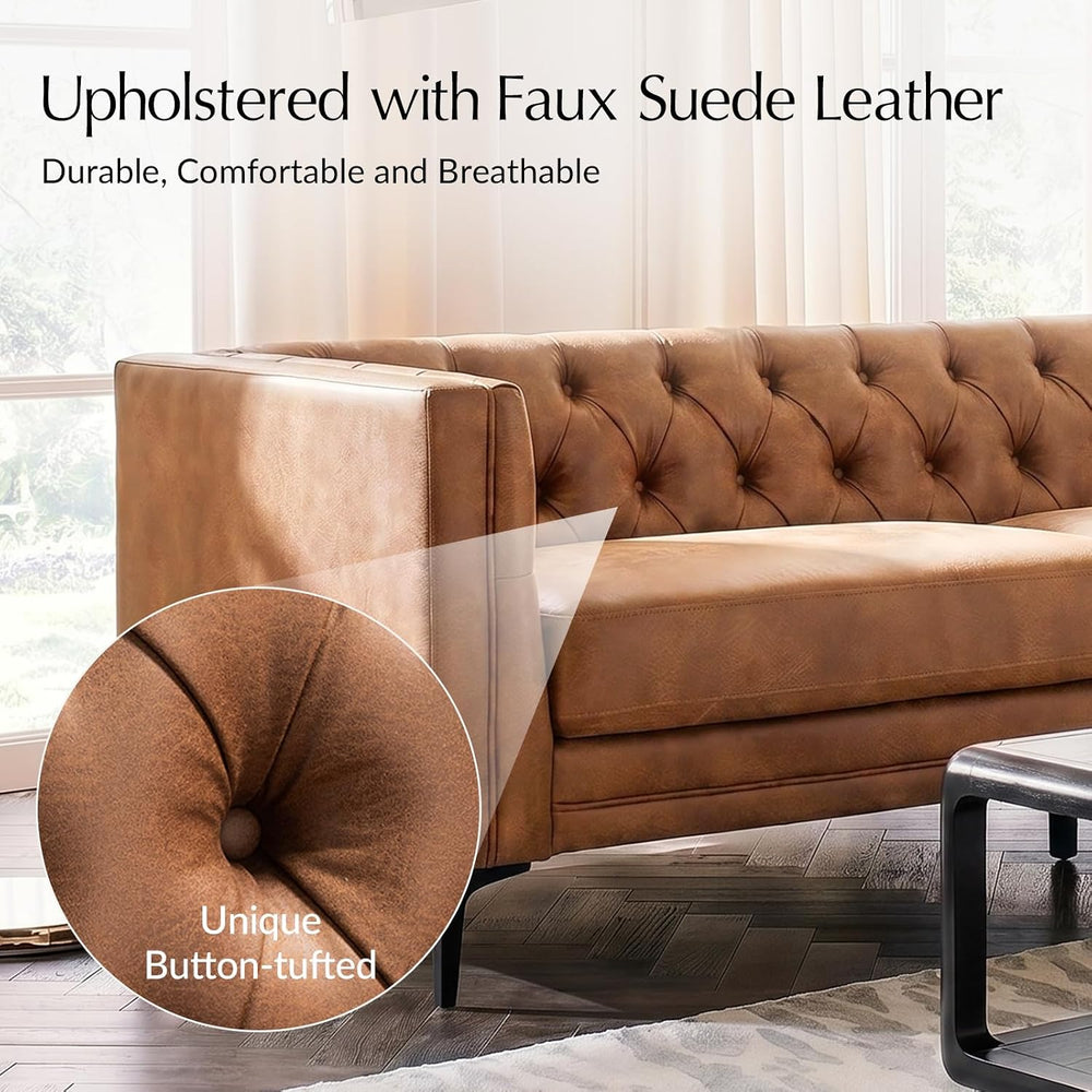 HULALA HOME 84" Faux Leather Sofa, Mid Century Modern 3 Seater Couch, Ca...