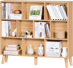 LEYAOYAO 10 Cube Bookshelf,3 Tier Modern Wide Bookcase with Legs,Mid-Century Wood Bookshelves Storage，Natural Large Book Case,Freestanding Organizer Display Shelf for Bedroom,Living Room,Office