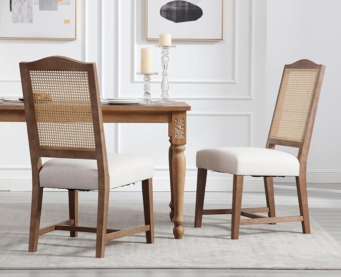 EALSON Rattan Dining Chairs Set of 2 Linen Upholstered Dining Room Chairs with Cane Back Mid Century Modern Kitchen Chairs Natural Wood Frame Side Chair for Dining Room, Beige