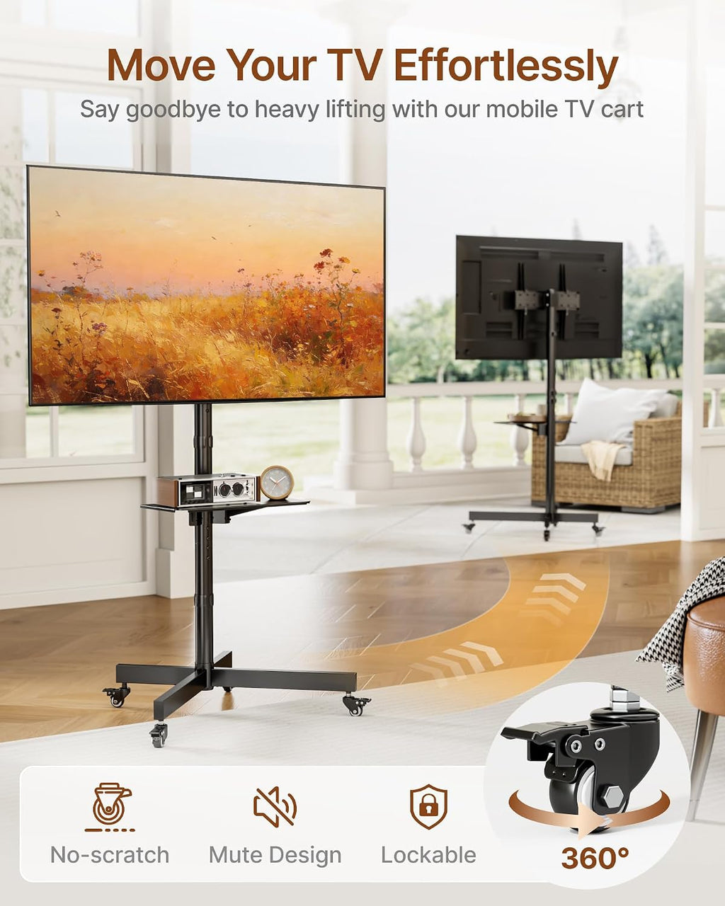 Rolling TV Stand for 23-60" TVs, 121 lbs, Black | Mobile TV cart supports 99 lb TV plus 22 lb shelf, with locking wheels, height and tilt adjustment, VESA 400x400