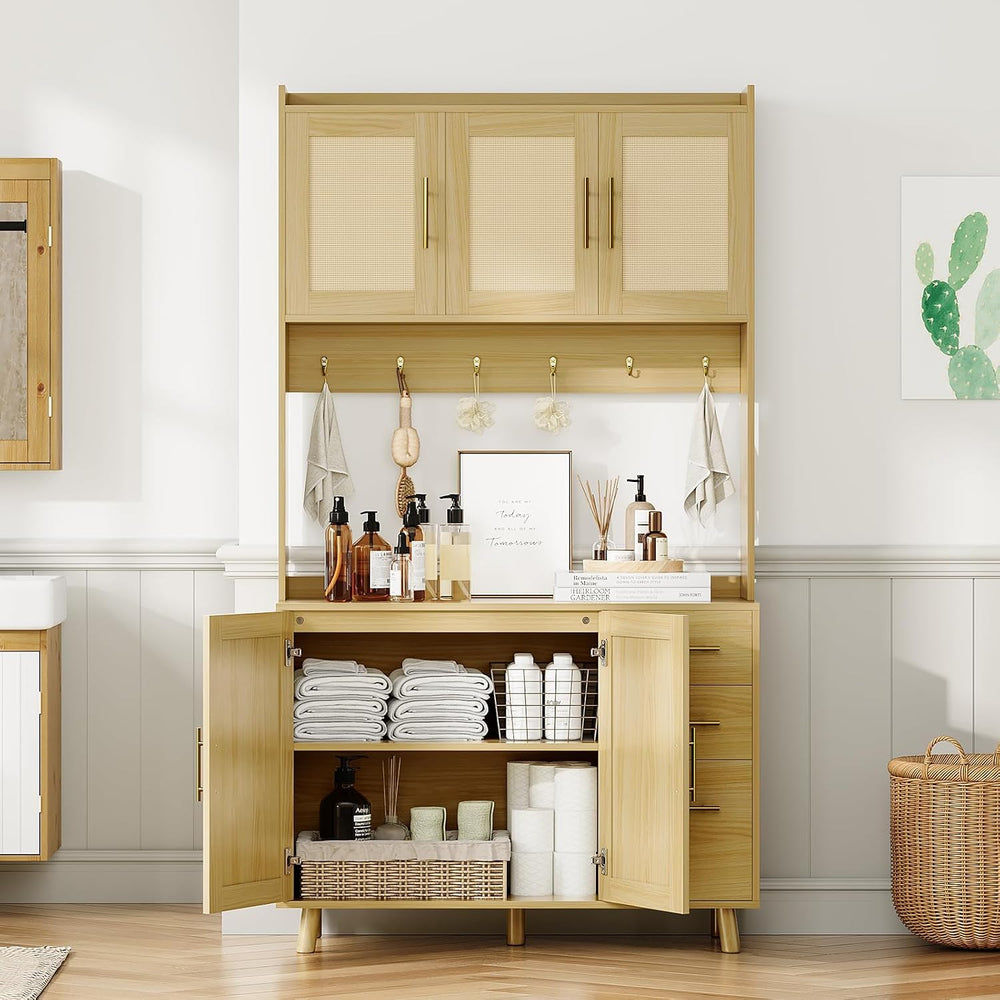 71" Tall Farmhouse Pantry Cabinet with Rattan Doors & Drawers, Frees...