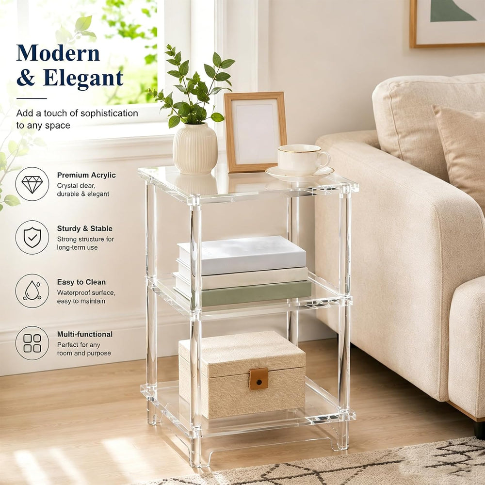 Thick Acrylic Side Shelf Table, 3-Tier Narrow Clear Acrylic End Table Nightst...