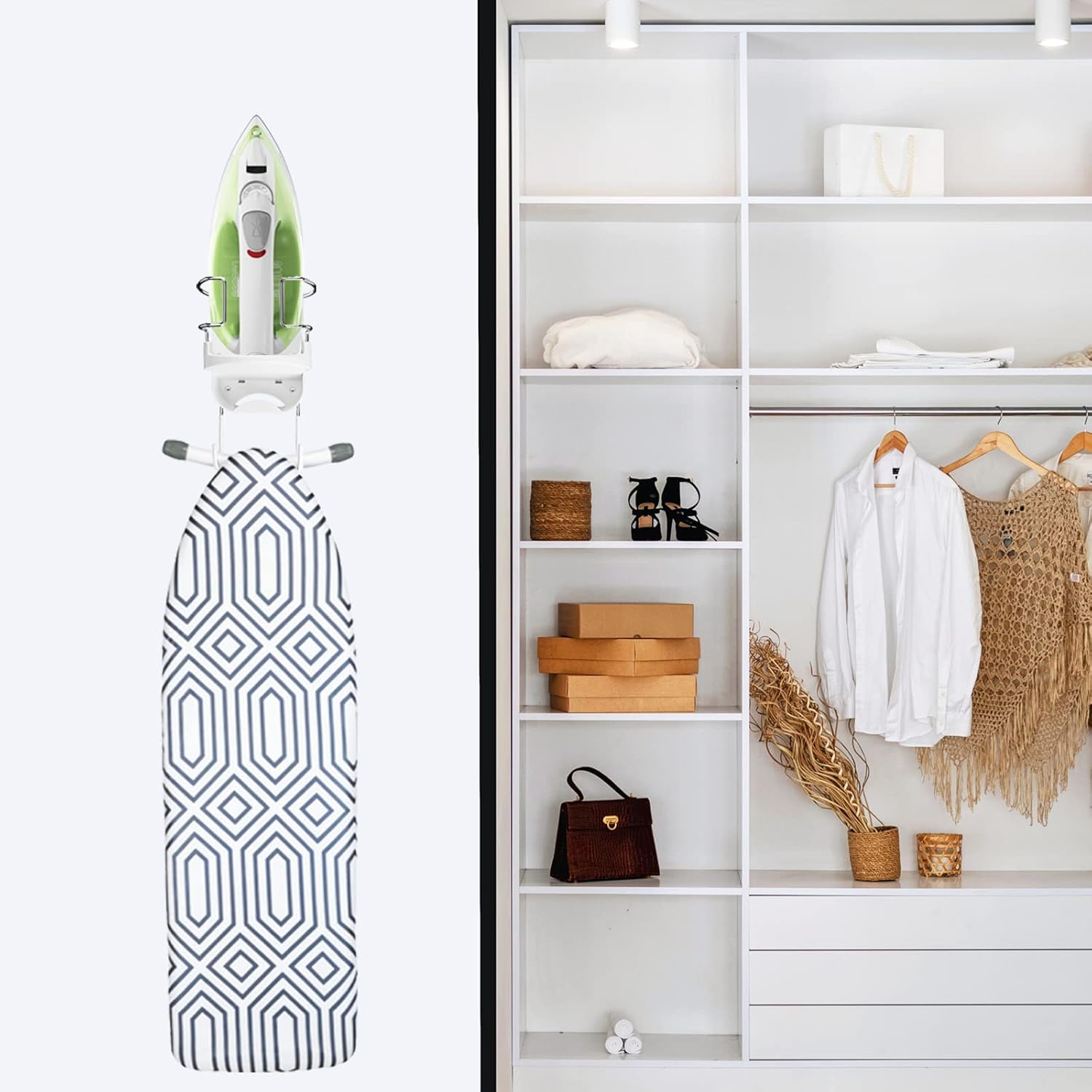 Wall Mount Iron Board Hanger and Ironing Board Storage Organizer Shelf With Removable Hooks for Household Bathroom Laundry Room (White)