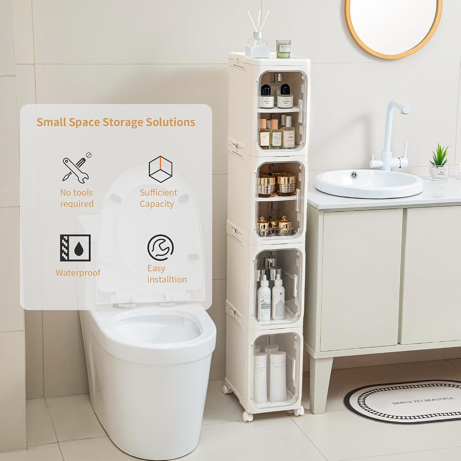3-Tier Slim Narrow Bathroom Storage Cabinet, Cream White | Tool Free Assembly, Adjustable Shelves, Fits for Narrow Spaces, Reinforced Stability, Magnetic Clear Door