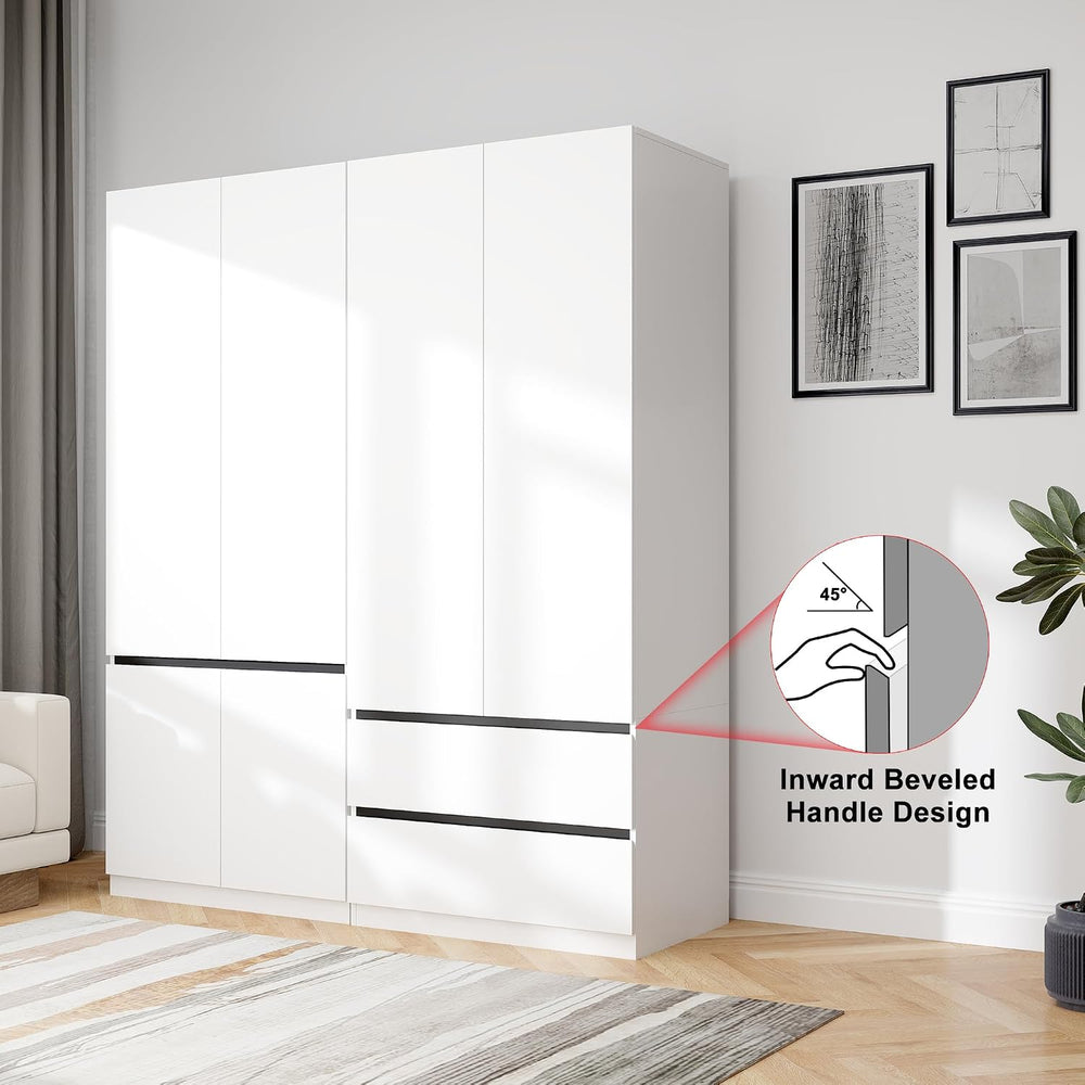 Wardrobe Closet with 4 Doors: 75" White Armoire with 2 Drawers, Wooden W...