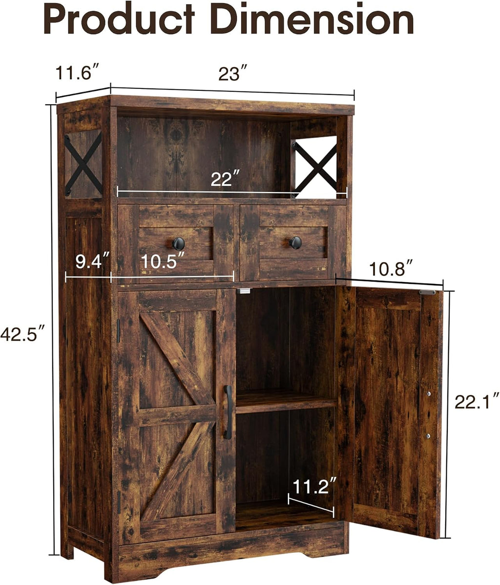 Farmhouse Storage Cabinet Set of 2, Small Kitchen Pantry Coffee Bar Cabinet | Accent Buffet Cabinet Cupboard, 2 Drawers, Barn Doors & Adjustable Shelves, for Kitchen/Entryway/Bathroom, Rustic Brown