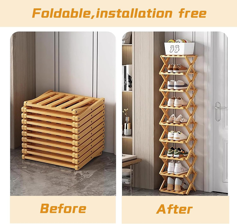 The 9-Tier No-Assembly Bamboo Rack,Foldable Bamboo Shoe Rack,Collapsible Shoe...
