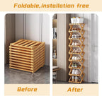 The 9-Tier No-Assembly Bamboo Rack,Foldable Bamboo Shoe Rack,Collapsible Shoe Rack for Entryway Closet Dorm,Installation-Free (Natural,8 Tier)