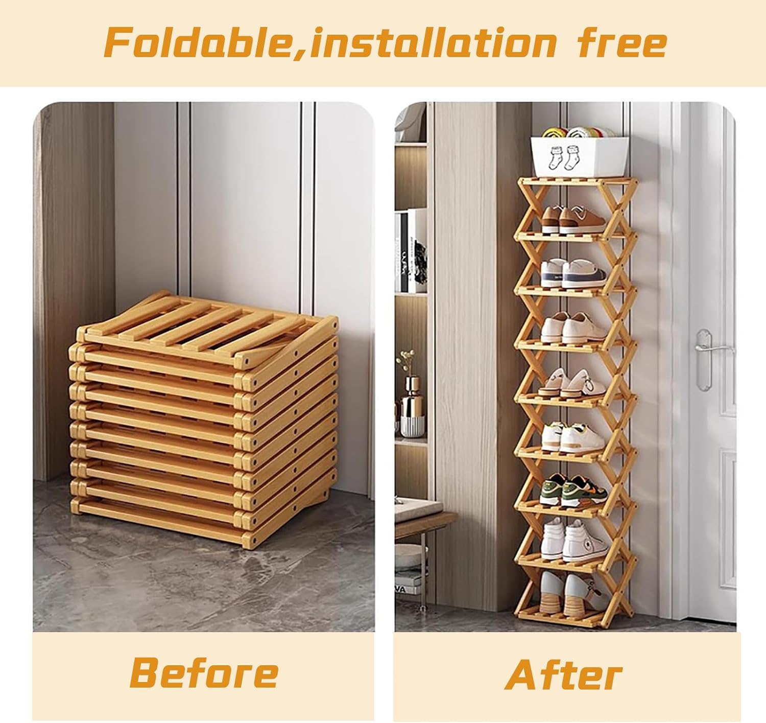 The 9-Tier No-Assembly Bamboo Rack,Foldable Bamboo Shoe Rack,Collapsible Shoe Rack for Entryway Closet Dorm,Installation-Free (Natural,8 Tier)