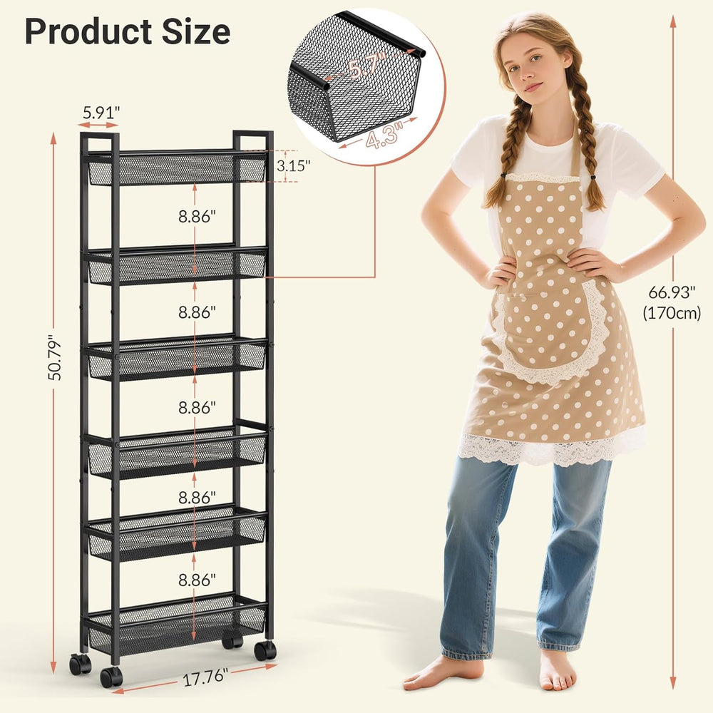ThreeHio 6 Tier Slim Storage Cart, Narrow Cart with Wheels, Metal Mobile Shel...