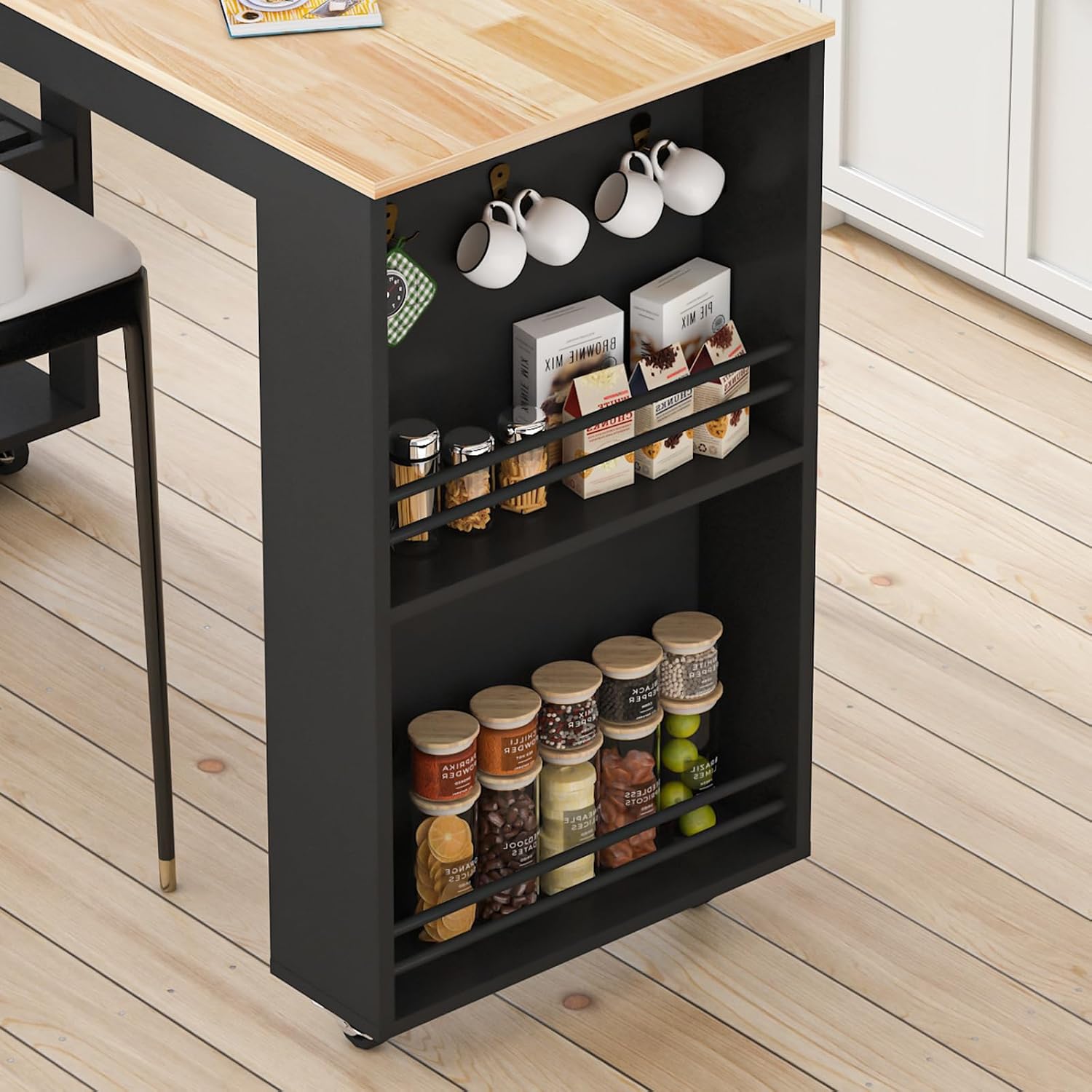 81.5" Kitchen Island with Extendable Dining Table, Rolling Kitchen Cart on Wheels with Spice Rack, Drawer and Door Cabinet for Dining Room, Black