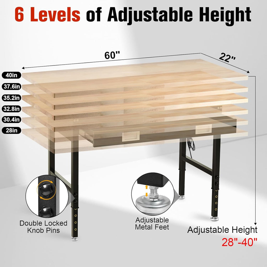 60" Workbench with Drawers, Work Benches for Garage with Strip Light, Adjustable Work Table with Large Pegboard, 2000 LBS Heavy Duty Table with Power Outlet Rubber Wood for Garage, Office