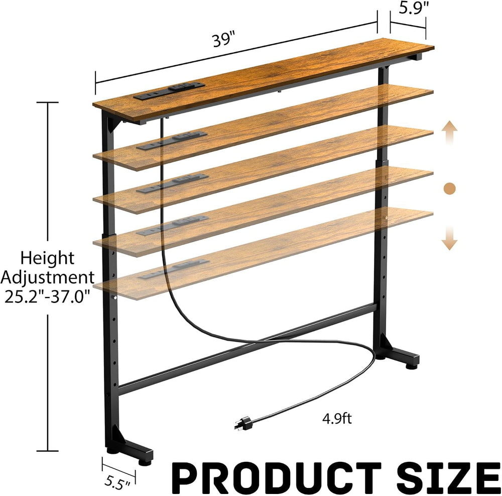 Adjustable Height Narrow Sofa Table with Built-in Power Outlets, 39" Lon...