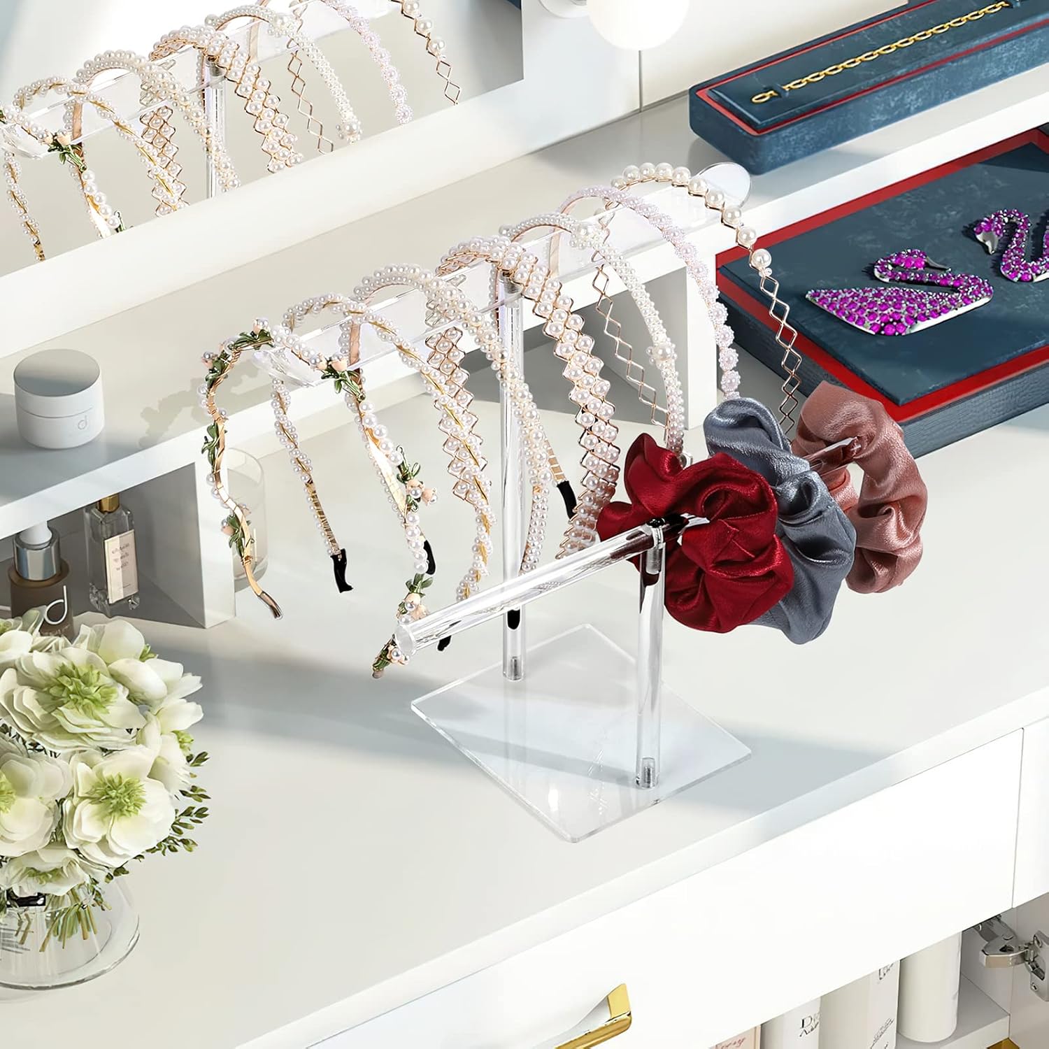 Headband Holder Scrunchie Holders Acrylic, Clear Hair Ties Stand Organizer, Headband Display Stand, Scrunchie Storage Organizers, Hair Accessories Organizer for Women and Girls