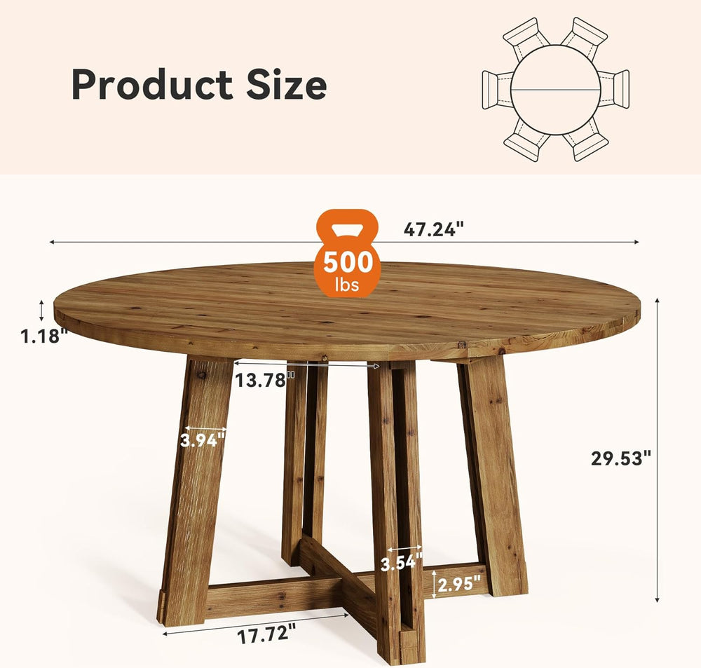 47.3" Solid Wood Dining Table for 4-6, Round Wood Kitchen Table | Farmho...