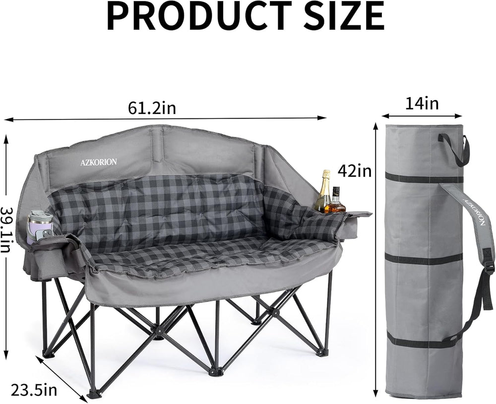 Oversized Double Camping Chair Heavy Duty Padded Double Folding Chair with Cu...