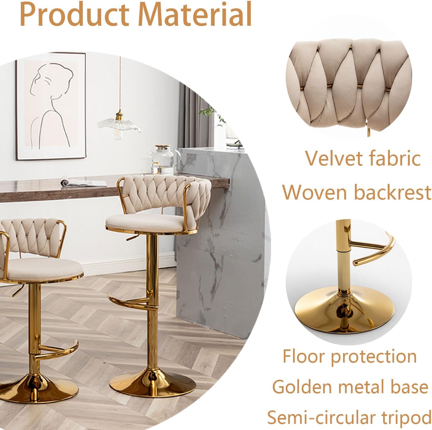 Riknuxi Velvet Bar Stools Set of 3, Counter Height Barstools with Low Back, Gold Swivel Bar Stool for Kitchen Island, Pub (Beige)