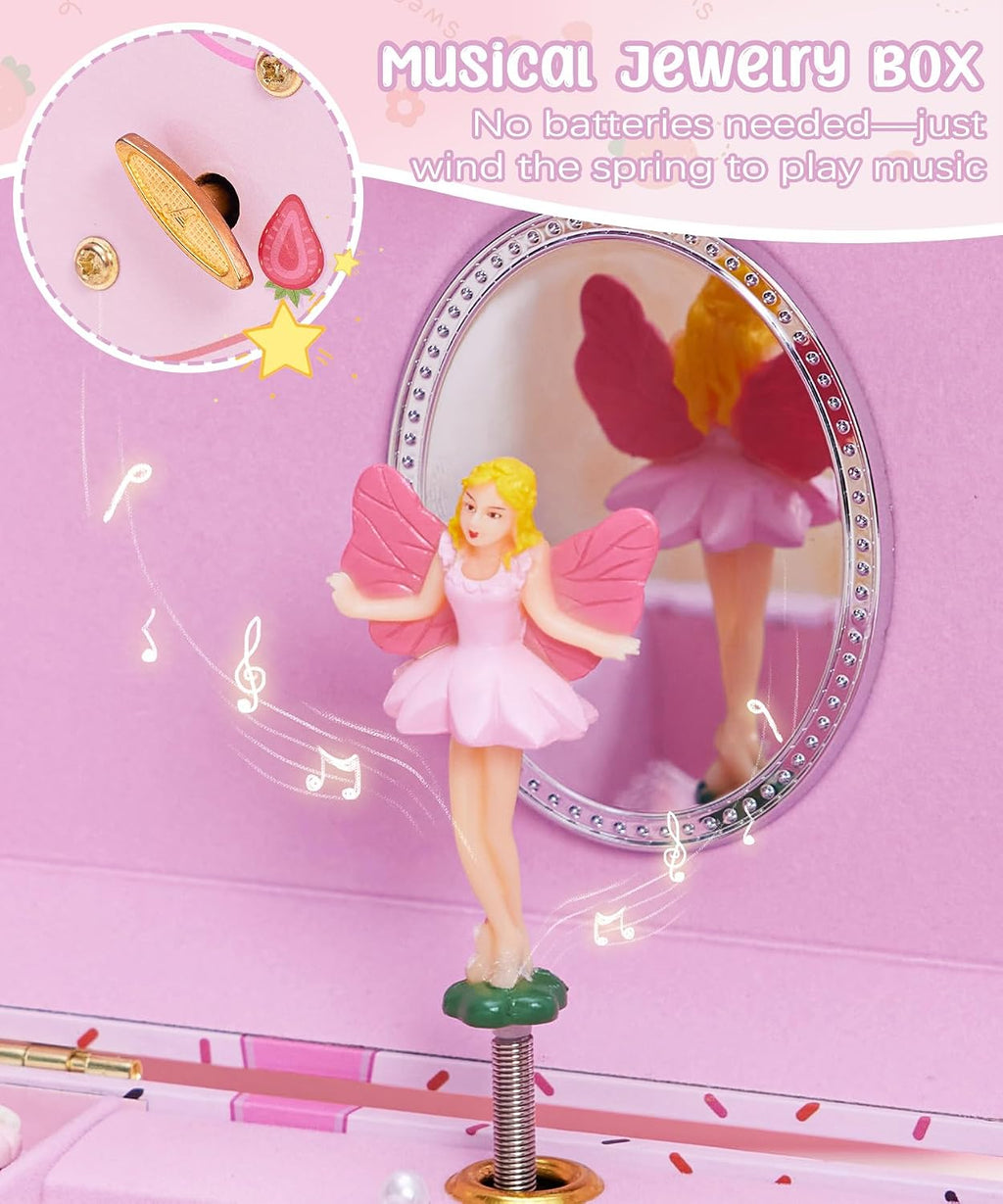 Homde Musical Jewelry Box for Girls: 2-Layer Spinning Fairy Organizer | Storage for Ring Necklace - Birthday Christmas Gift for Girls Ages 3 to 12 - Spinning Fairy Plays Melody When Lid Opens