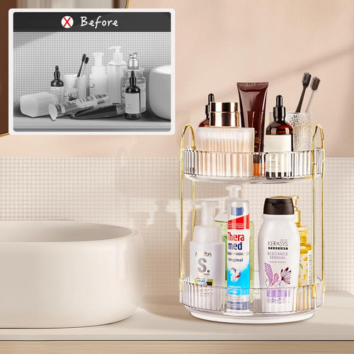 360 Rotating Makeup Organizer - Large Capacity Spinning Perfume & Cosmetic Skincare Holder for Countertop (Pearl White, 2 Tier)
