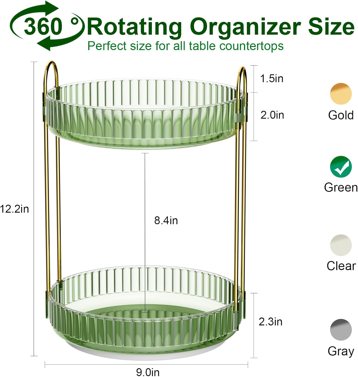 GTI 360°Rotating Makeup Organizer, 2 Tier Bathroom Counter Organizer,Large Capacity Perfume Cosmetics Skincare Vanity Organizers, Dresser Spinning Countertop Organizer and Storage for Women (Green)