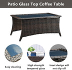 Belord Outdoor Coffee Table with Tempered Glass Top, Patio Rectangular Brown Wicker, Handwoven Rattan Coffee Table Compatible with Patio Furniture Sets for Porch Deck Backyard