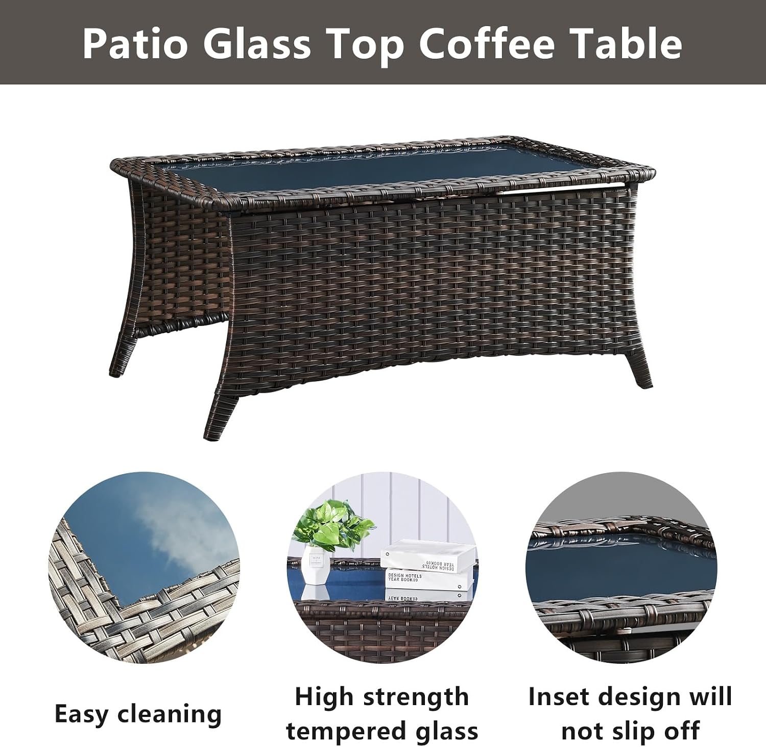 Belord Outdoor Coffee Table with Tempered Glass Top, Patio Rectangular Brown Wicker, Handwoven Rattan Coffee Table Compatible with Patio Furniture Sets for Porch Deck Backyard