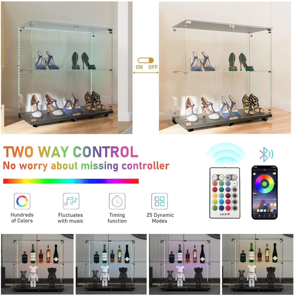 2-Tier Glass Display Cabinet with Bluetooth LED Light Strip, 2-Door Floor Sta...