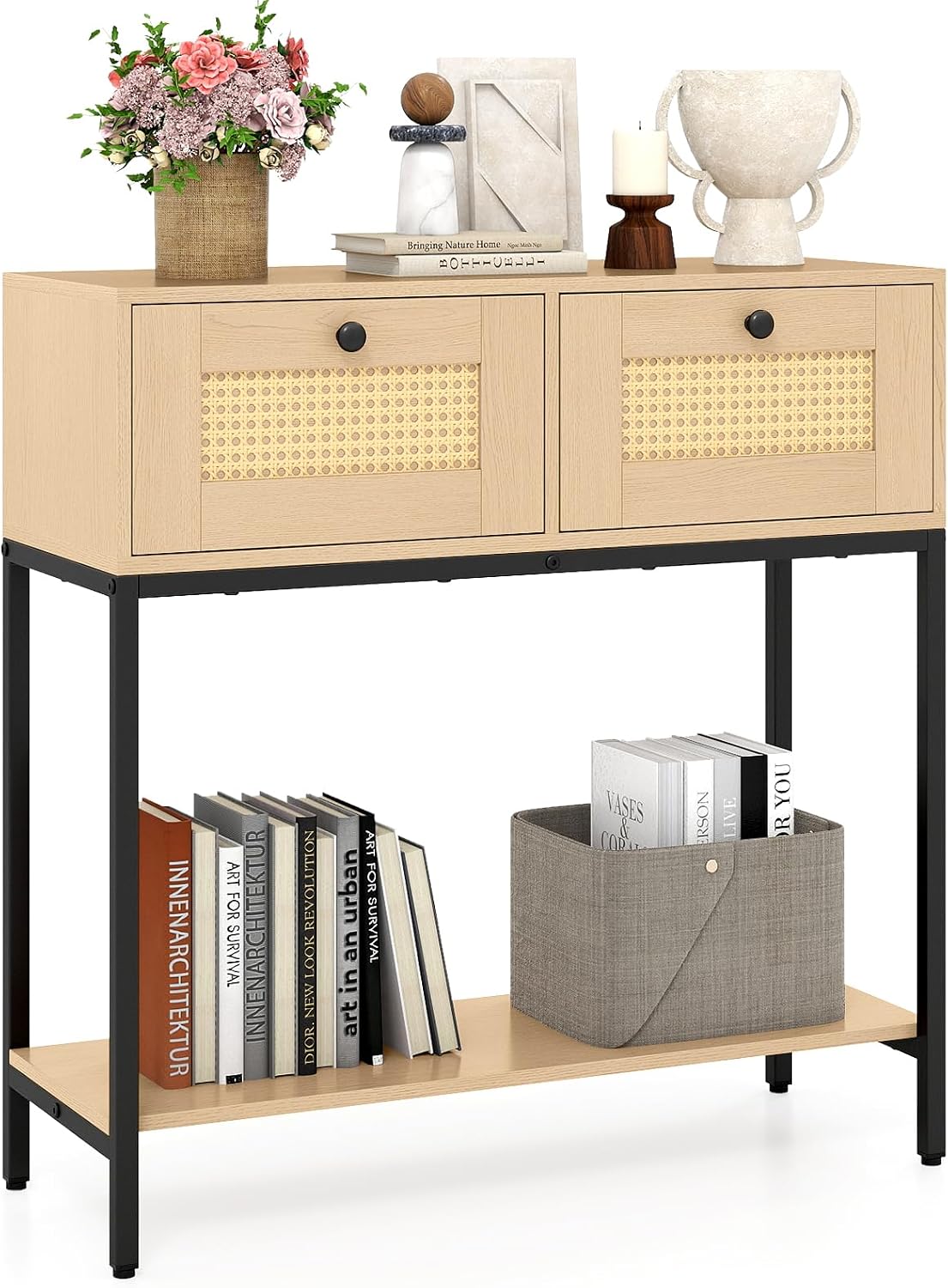 GOFLAME Rattan Console Table, Boho Entryway Table with 2 Drawers & Open Storage Shelf, Narrow Long Sofa Table with Metal Legs, Foyer Table Behind Couch Table for Living Room, Hallway, Natural