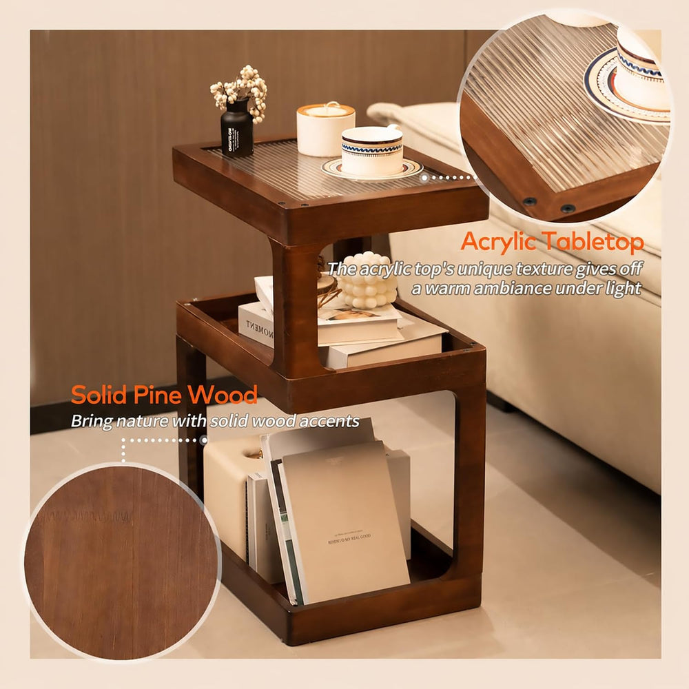 Solid Wood End Table, 3 Tier Small Side Table, Brown Accent Table