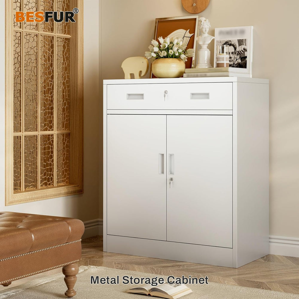 BESFUR Metal Storage Cabinet, Garage Storage Cabinet with One Drawer and Adju...