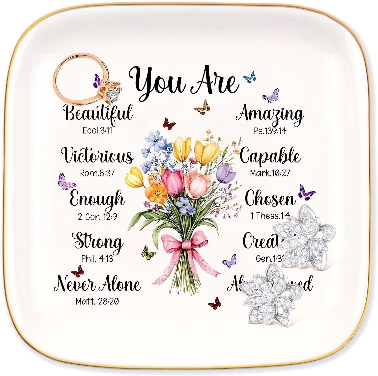 Ceramic Jewelry Ring Dish, Necklace Earrings Holders Tray Christian Gifts - Christian Bible Verse, Gifts for Mother's Day, Christmas, Thanksgiving, and Birthdays for women 4