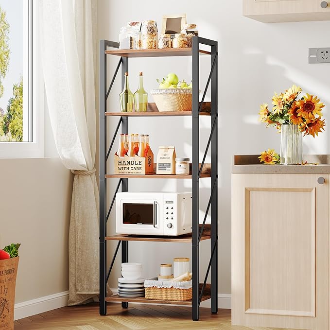 HOOBRO Bookshelf, 5-Tier Industrial Bookcase, Book Shelf Storage Organizer, T...