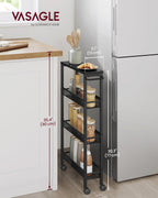 VASAGLE Slim Rolling Cart, 4-Tier Storage Cart, Narrow Cart with Handle, 5.1 Inches Deep, Metal Frame, for Kitchen, Dining Room, Living Room, Home Office, Ebony Black and Classic Black ULRC032B04