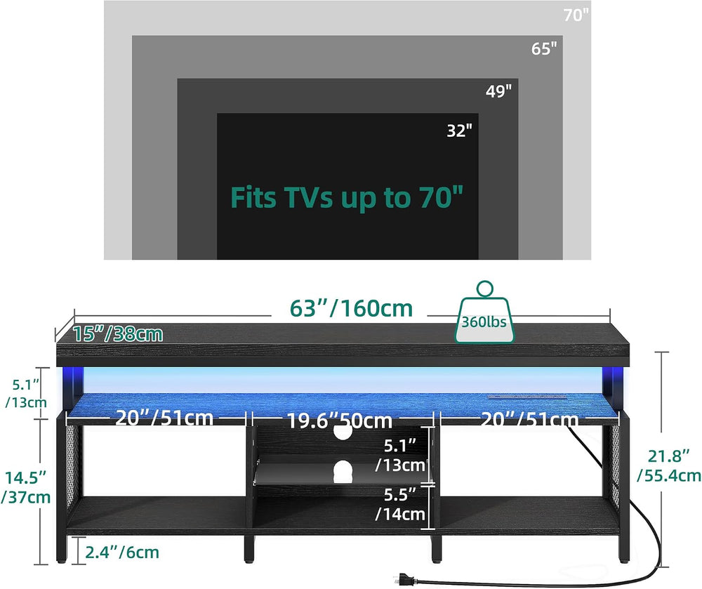 YITAHOME LED Industrial TV Stand with Power Outlets, Living Room, Black | Ent...