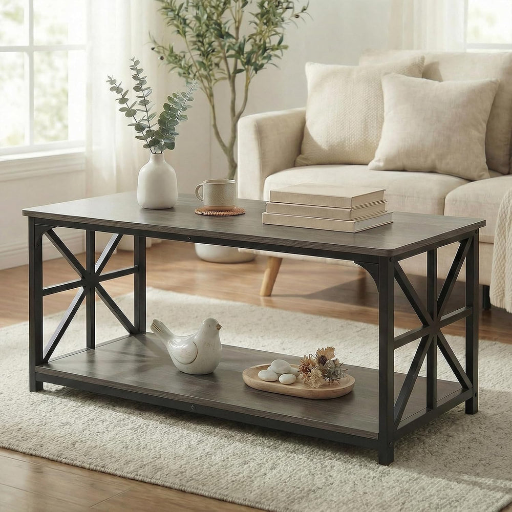 GOFLAME 2-Tier Rectangular Coffee Table, Modern Center Table with Wooden Top,...